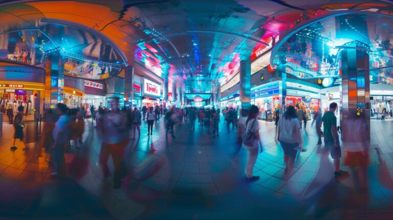 Vibrant pedestrian mall with bustling shoppers and colorful illuminated signs at night