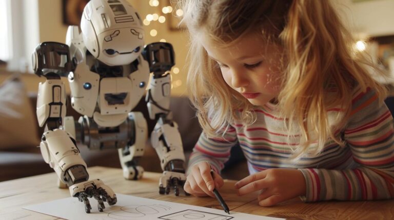 Child drawing with a robot companion nearby on a table indoors.