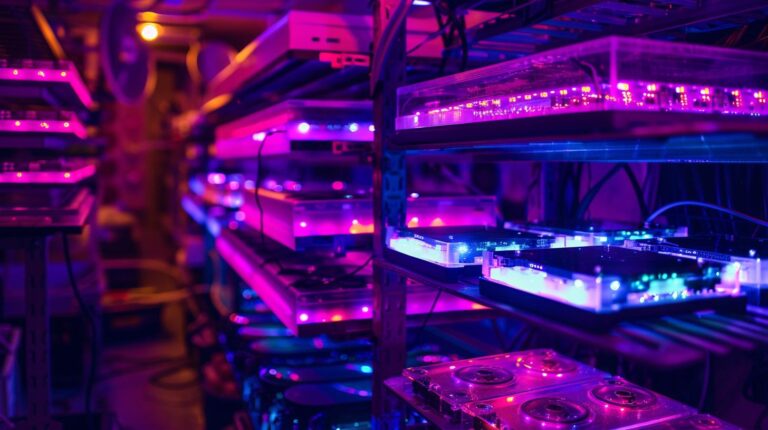 Colorful data center with glowing LED lights on servers and network equipment.
