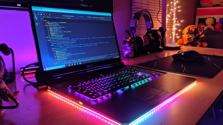 Colorful gaming laptop setup with RGB lighting, headphones, and programming code on screen in a home office environment.