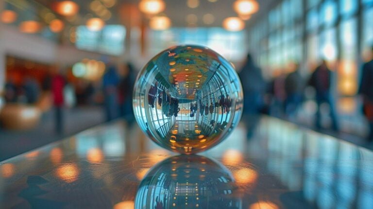 Crystal ball on reflective surface with inverted view of interior space and blurry background