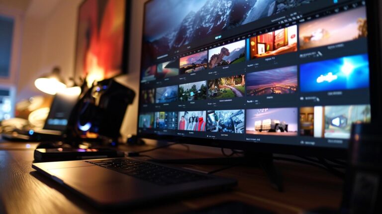 Dual monitor setup displaying photo and video editing software with a laptop on a wooden desk in a dimly lit room.