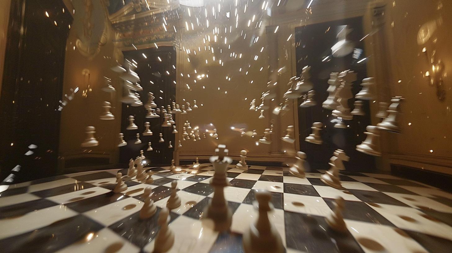 Dynamic chess board with pieces in motion, suggesting a conceptual or magical game scenario.