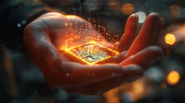 Hand presenting a glowing futuristic circuit board with digital data visualization.