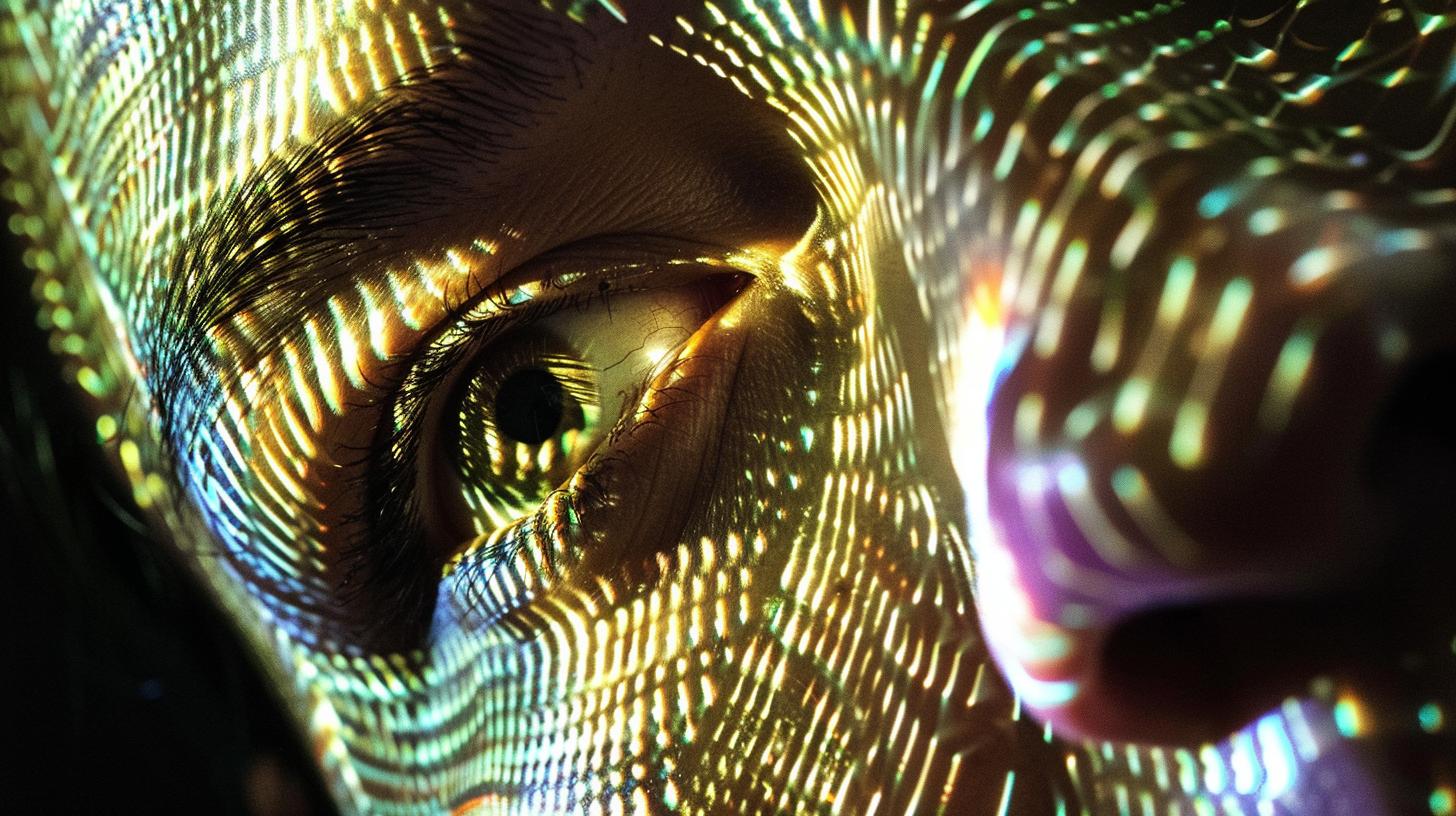 Close-up of a human eye with light patterns creating a futuristic look.