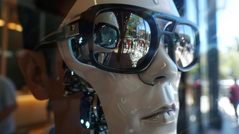 Close-up of a humanoid robot head with futuristic sunglasses reflecting busy street scene.