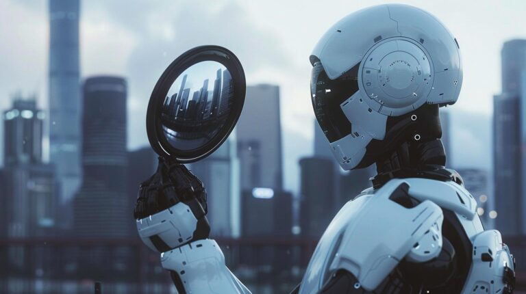 Futuristic robot holding magnifying glass with cityscape reflection against urban skyline background.