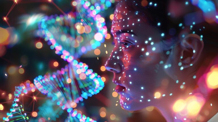 Woman with futuristic glowing lights and DNA helix patterns on face