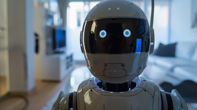 Close-up of a modern humanoid robot with glowing eyes in a home setting