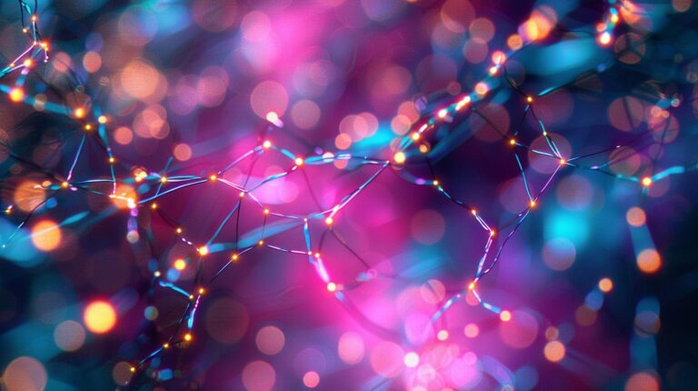 Abstract network connections with glowing dots on a blurred multicolored background.