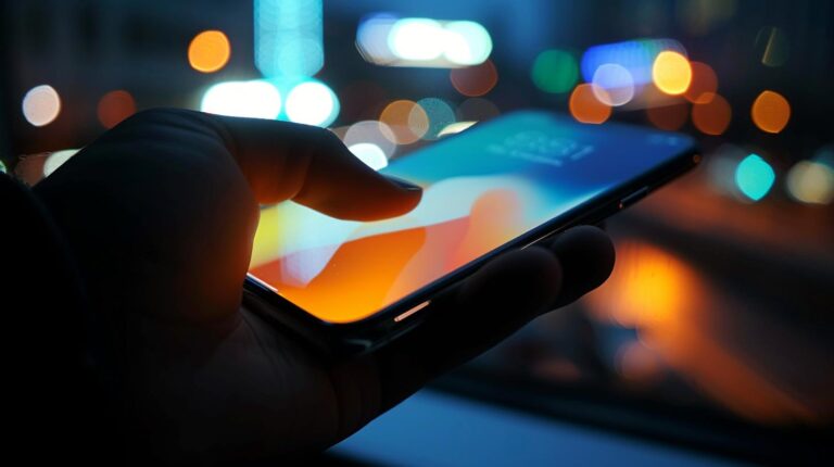 Close-up of a hand holding a smartphone with a blurred colorful city lights background.