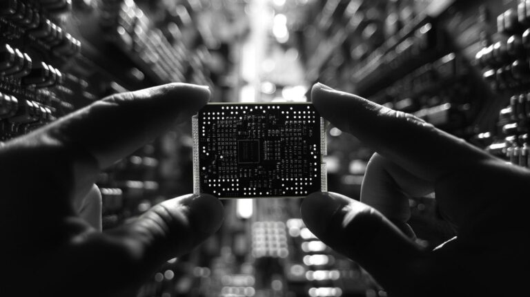 Close-up of hands holding a microchip with blurred electronic components in the background