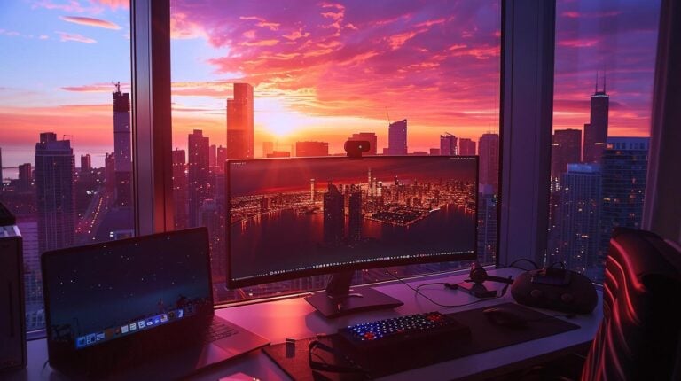 Home office setup with multiple screens overlooking a cityscape at sunset.