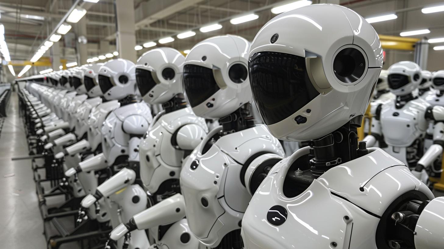Line of humanoid robots in a manufacturing plant.