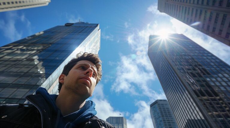 Man looking up at towering skyscrapers under a clear blue sky with the sun shining through.
