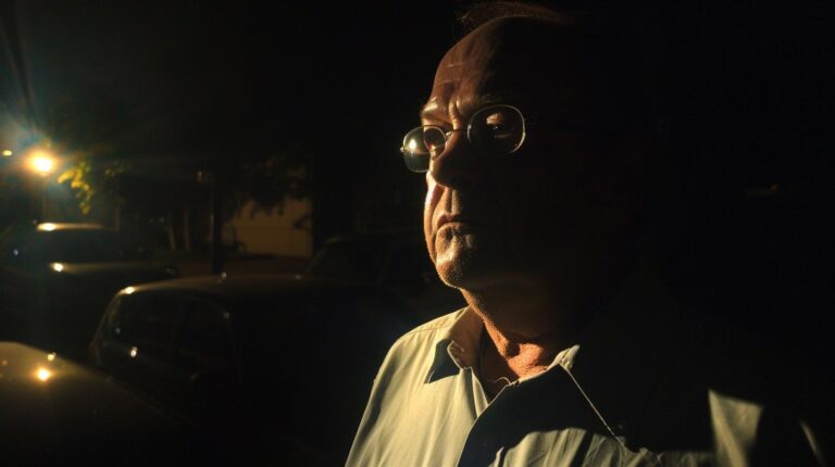 Man standing in dim light with reflective glasses at night.