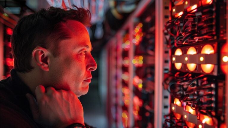 Man observing glowing red lights in a data center server room.