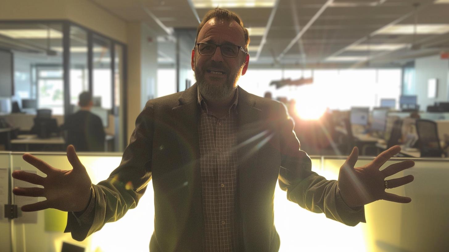 Man with glasses and beard gesturing with open arms in an office with sunlight in the background.