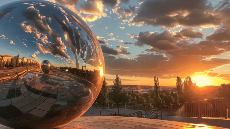 Metallic sphere sculpture reflecting sunset and clouds in an urban park setting.