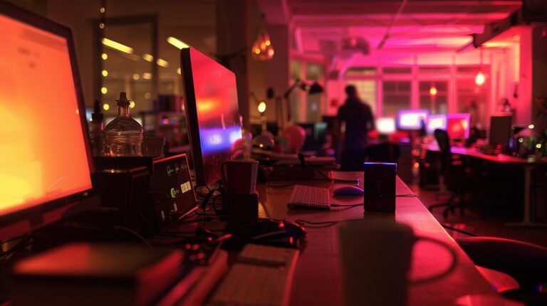 Modern office at nighttime with multiple computer screens and warm ambient lighting
