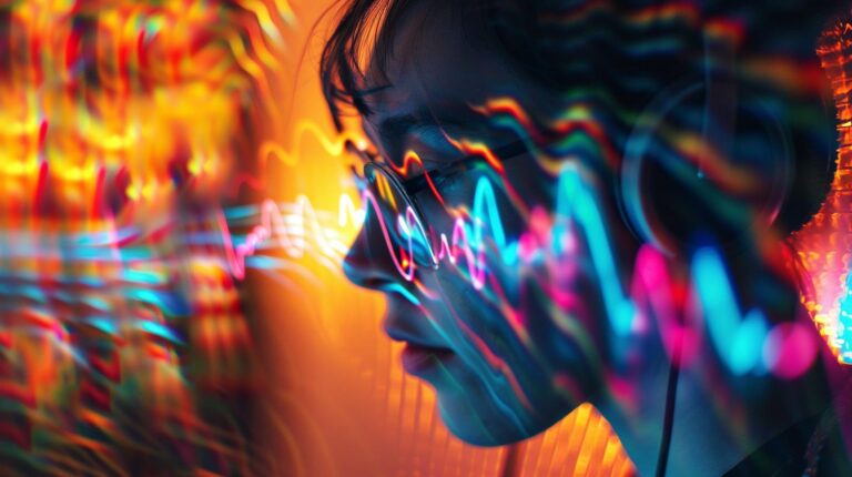 Profile of a person with sunglasses against a vibrant neon light background with colorful light streaks.