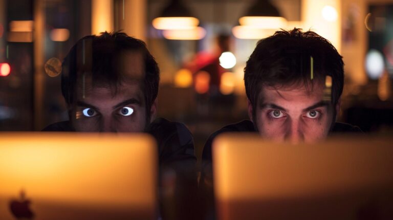 Two men using computers at night with intense expressions illuminated by screen light