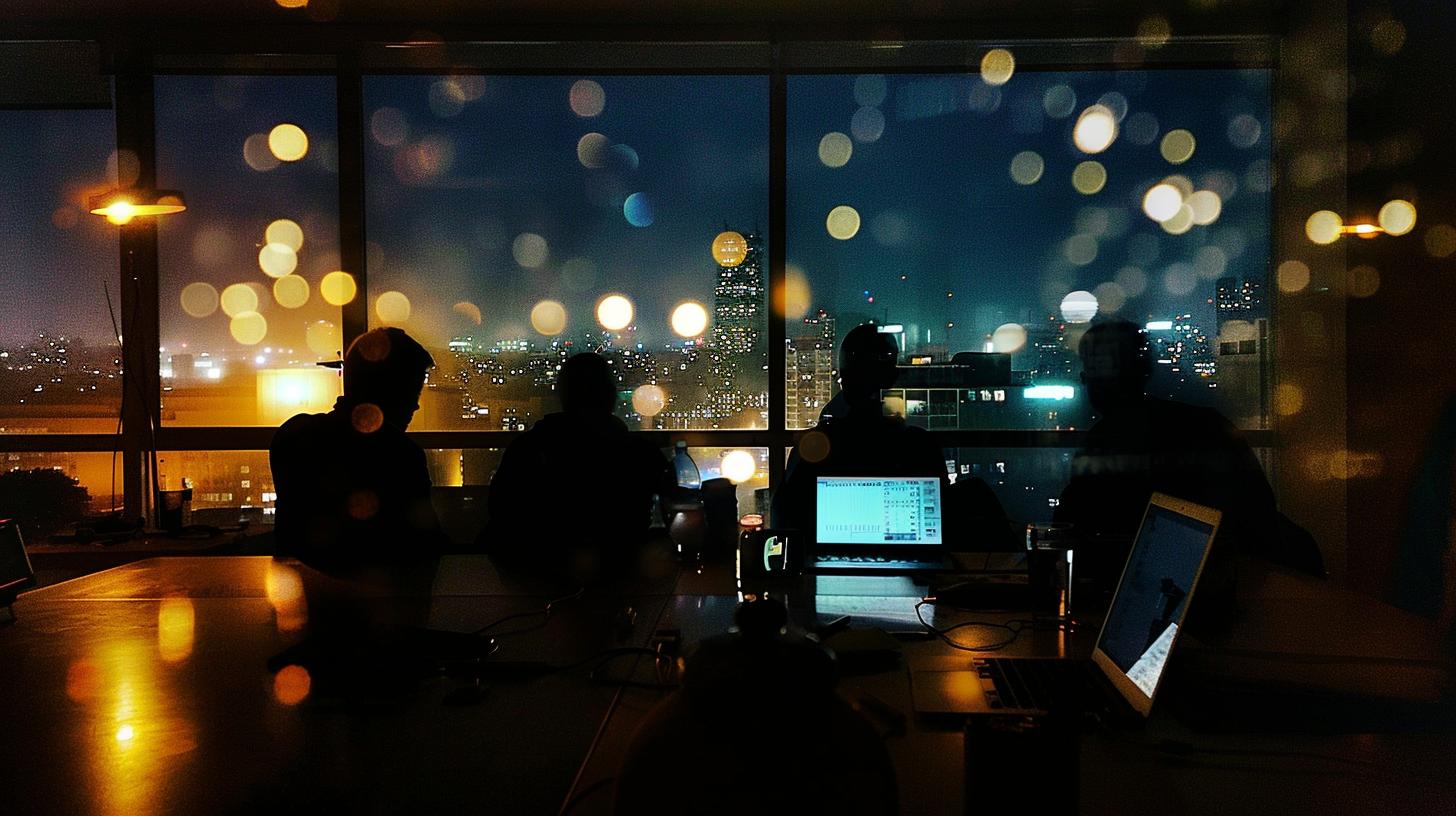 Office silhouette with people working at night against city skyline background.