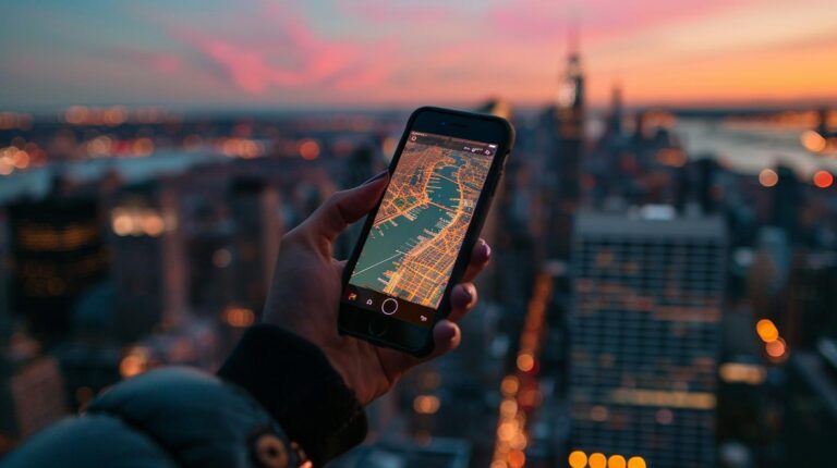 Person holding smartphone with city map on screen against blurred urban skyline at dusk