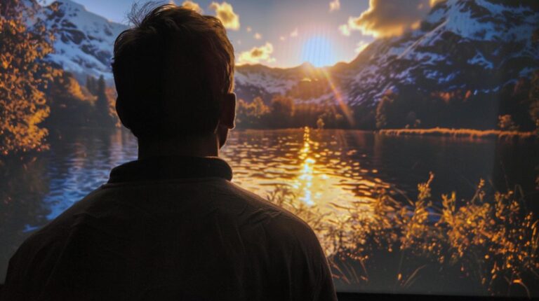 Person observing a scenic sunset over a mountain lake displayed on a screen.