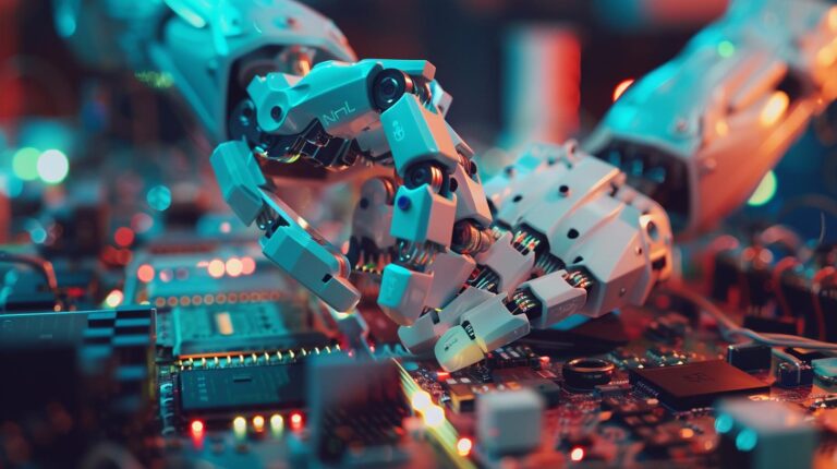 Industrial robot arms working on electronic circuit boards with intricate details and colorful lighting.