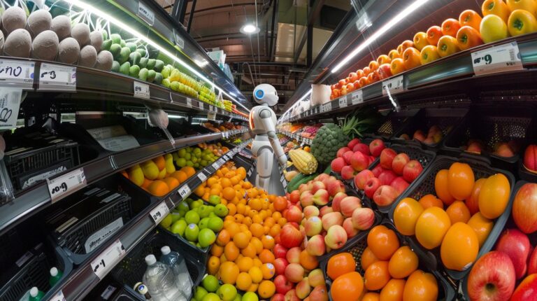 Robot shopping in a supermarket produce aisle with a variety of fresh fruits and vegetables.