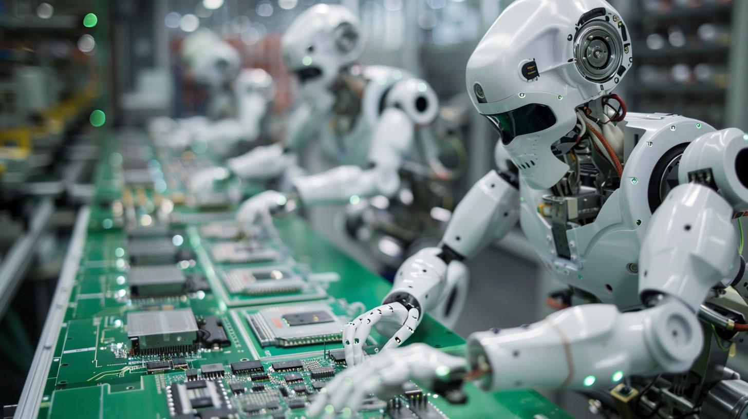 Robots assembling electronic components on a circuit board in a high-tech factory setting.
