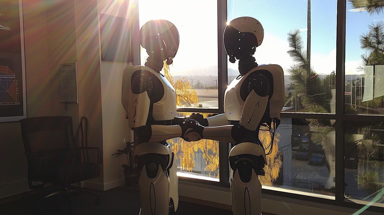 Two robots shaking hands in an office setting with sunlight streaming through large windows in the background.