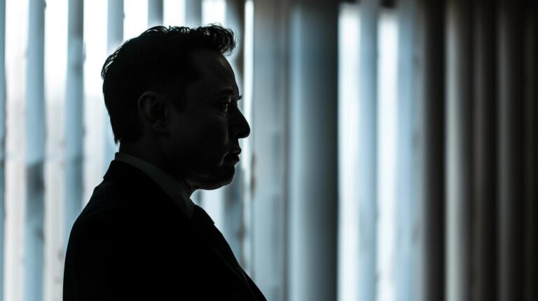 Silhouette of a man in a suit standing by a window with vertical blinds, depicting a contemplative or business mood.