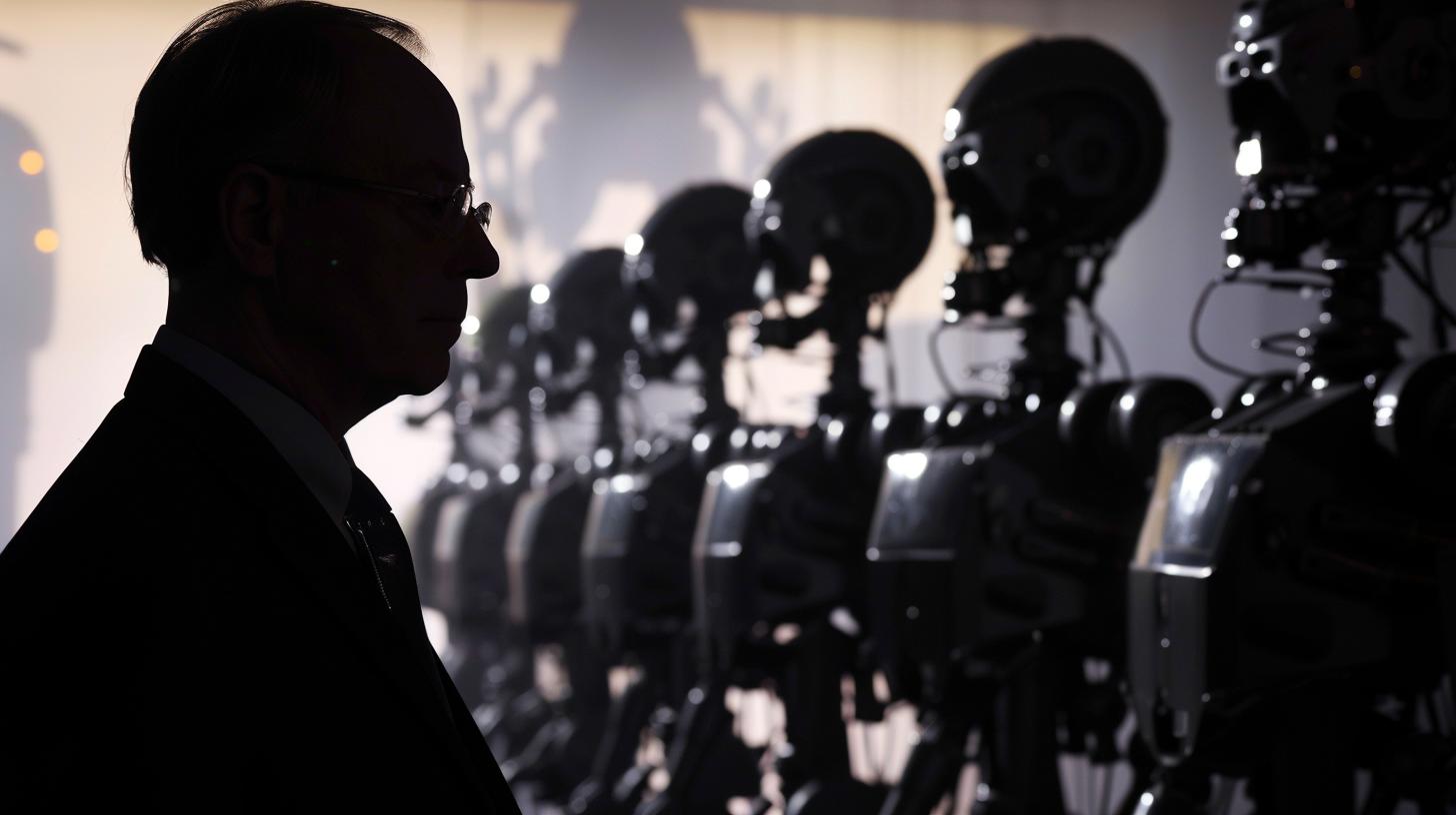 Silhouette of a man in the foreground with a row of robots in the background, representing futuristic technology or artificial intelligence concept.