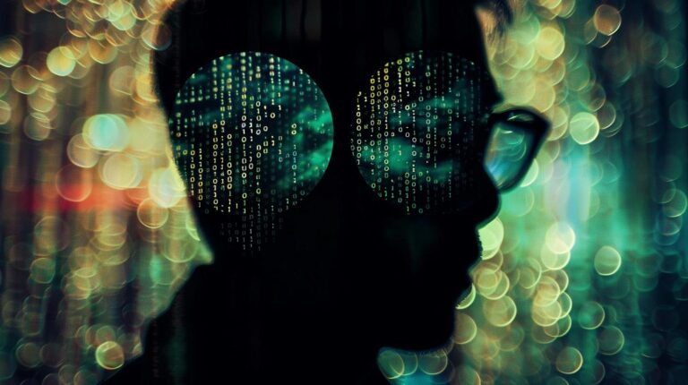 Silhouette of a person with glasses reflecting binary code against a bokeh light background.