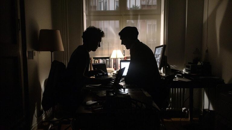 Two people working on laptops in a dimly lit room with silhouette effect.