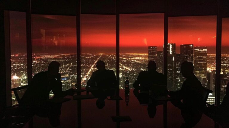 Four silhouetted people against a window overlooking a city nightscape with glowing lights under a red sunset sky.