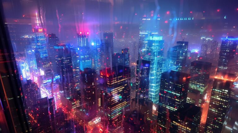 High-angle view of a vibrant cityscape at night with illuminated skyscrapers and reflections