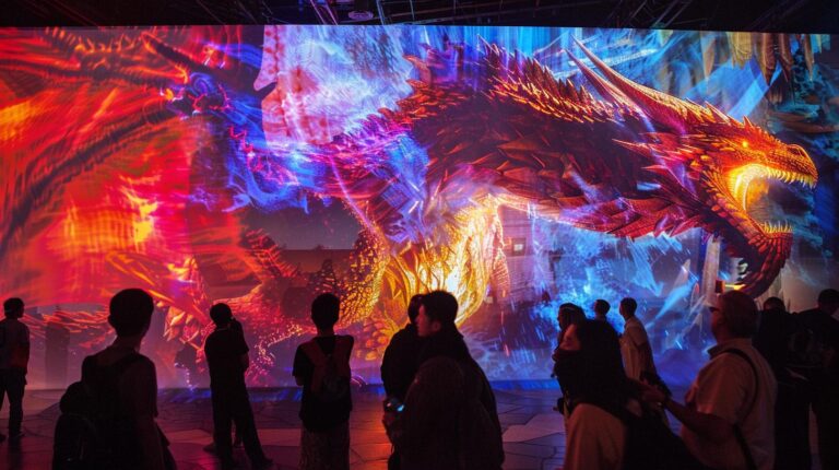 Vibrant digital projection of a dragon displayed at an immersive art installation with onlookers in silhouette.