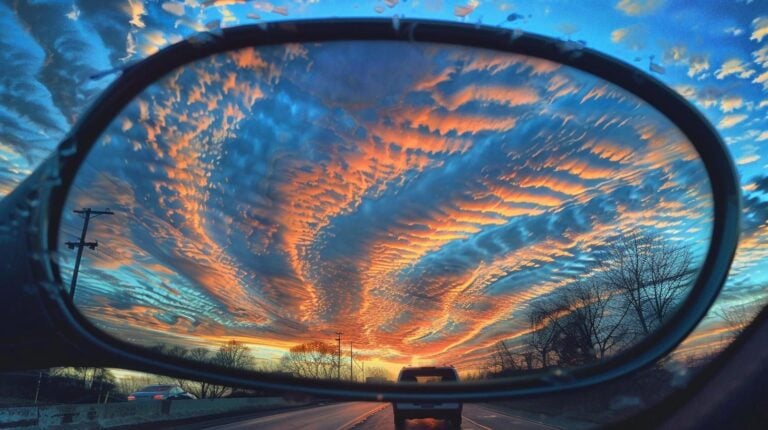Vibrant sunset sky with textured clouds reflected in rearview mirror of a car on the highway