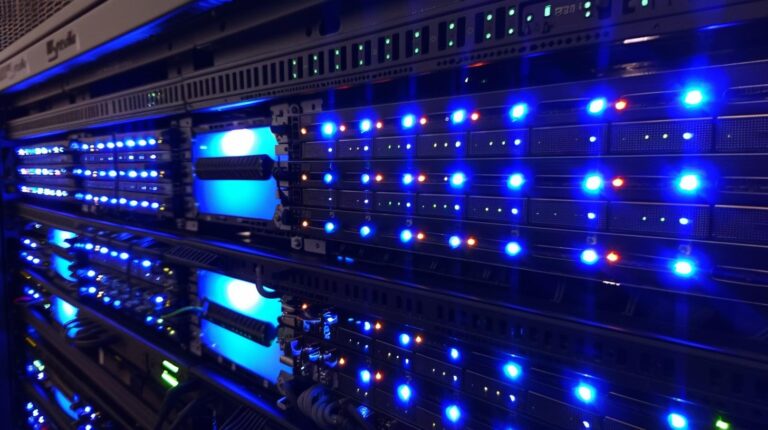 Blue LED lights on a server rack in a data center.