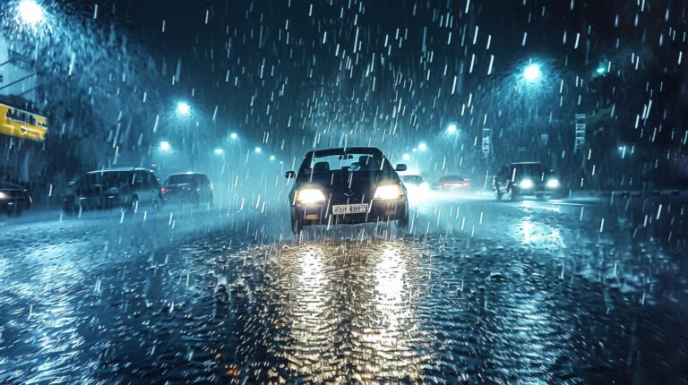 Car driving at night on a rain-soaked road with streetlights illuminating the scene
