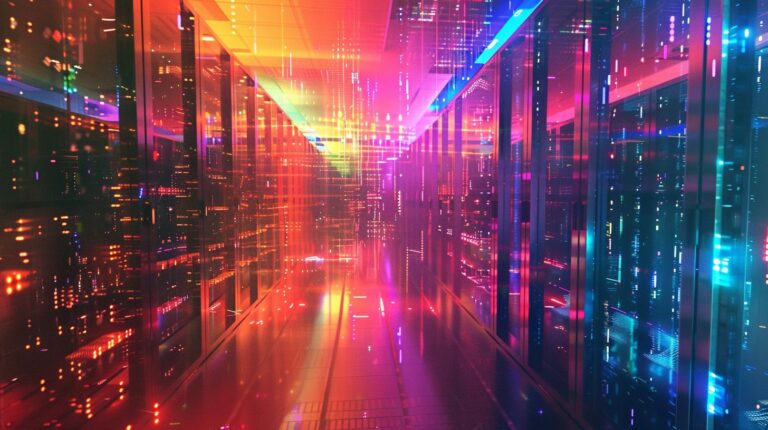 Colorful futuristic data center with vibrant lights and reflective surfaces displaying digital technology theme