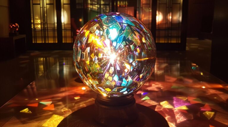 Colorful glass mosaic sphere emitting vibrant reflections on a table with an artistic background.
