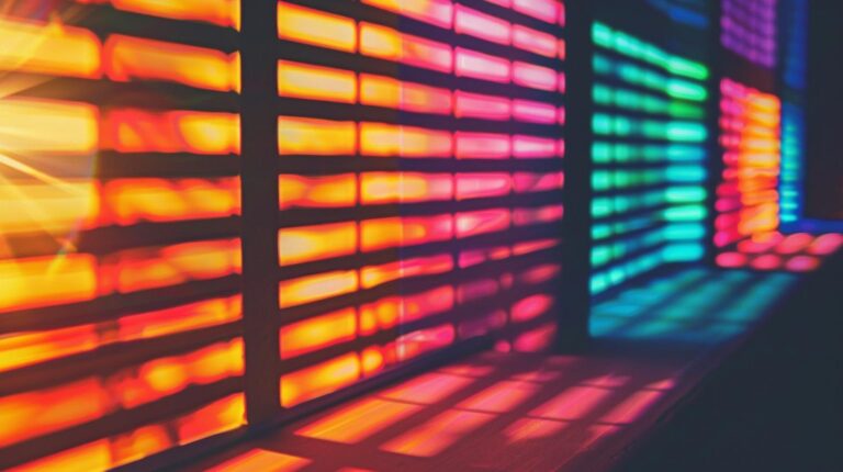 Colorful light patterns shining through window blinds creating vibrant reflections indoors