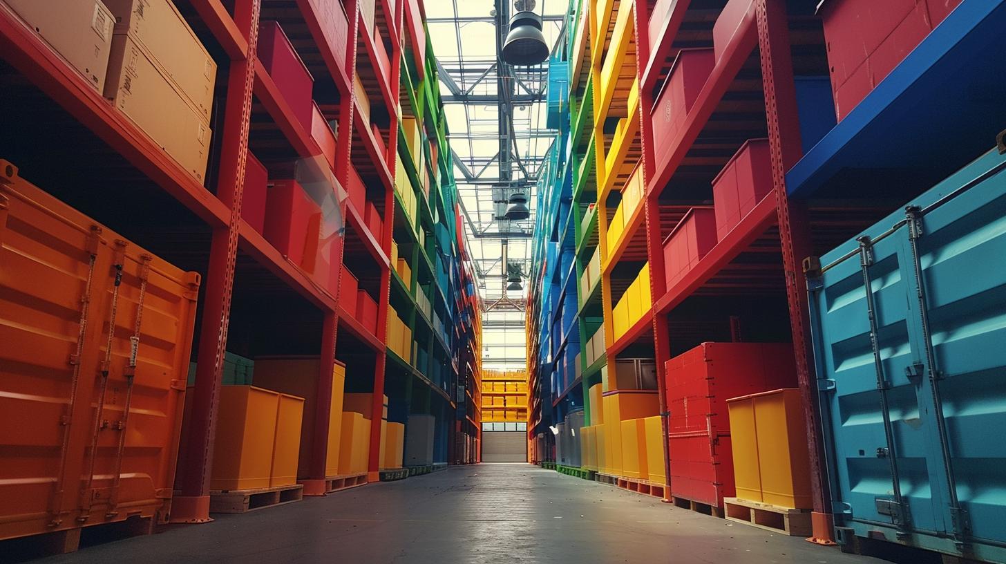 Colorful warehouse shelves with stacked containers in an industrial setting