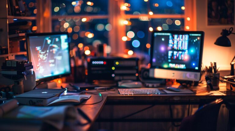 Cozy home office setup with dual monitors displaying code, soft ambient lighting, and warm fairy lights in the background.