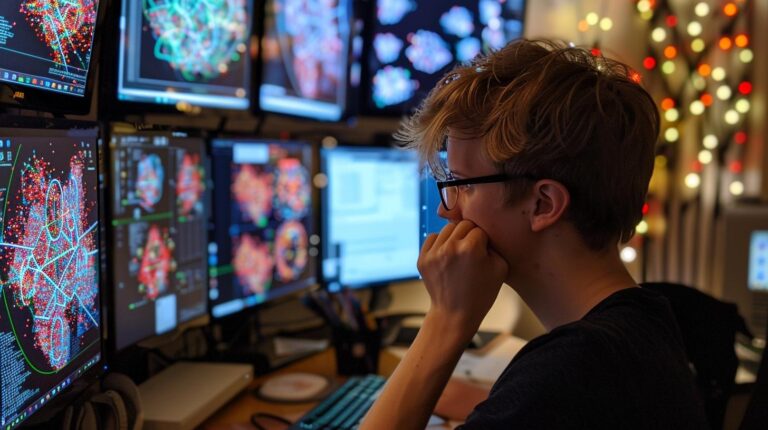 Person analyzing complex data on multiple computer screens in a dimly lit room with colorful lights in the background.