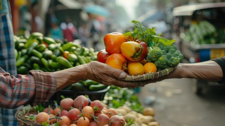 Elderly hands exchanging fresh vegetables at a bustling farmers market with vibrant produce in the background.